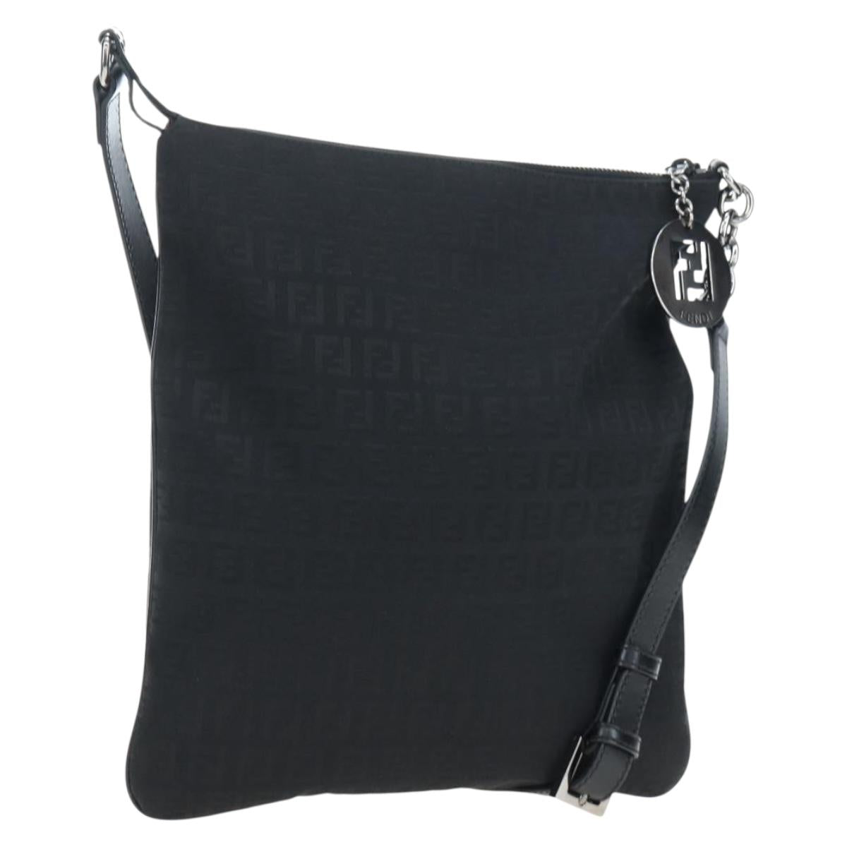 FENDI Zucchino Canvas Shoulder Bag Black Silver 8BT151 Auth 195776V