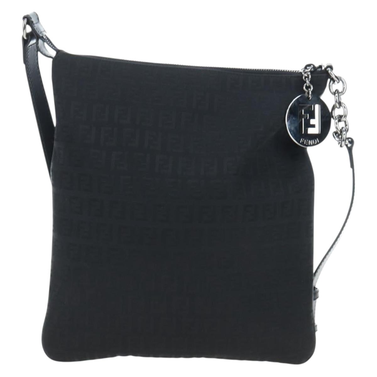 FENDI Zucchino Canvas Shoulder Bag Black Silver 8BT151 Auth 195776V