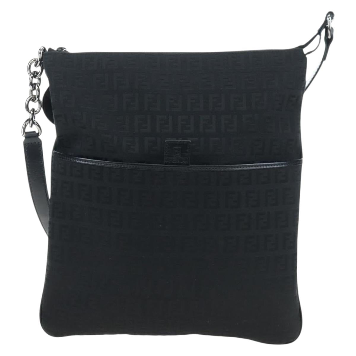 FENDI Zucchino Canvas Shoulder Bag Black Silver 8BT151 Auth 195776V