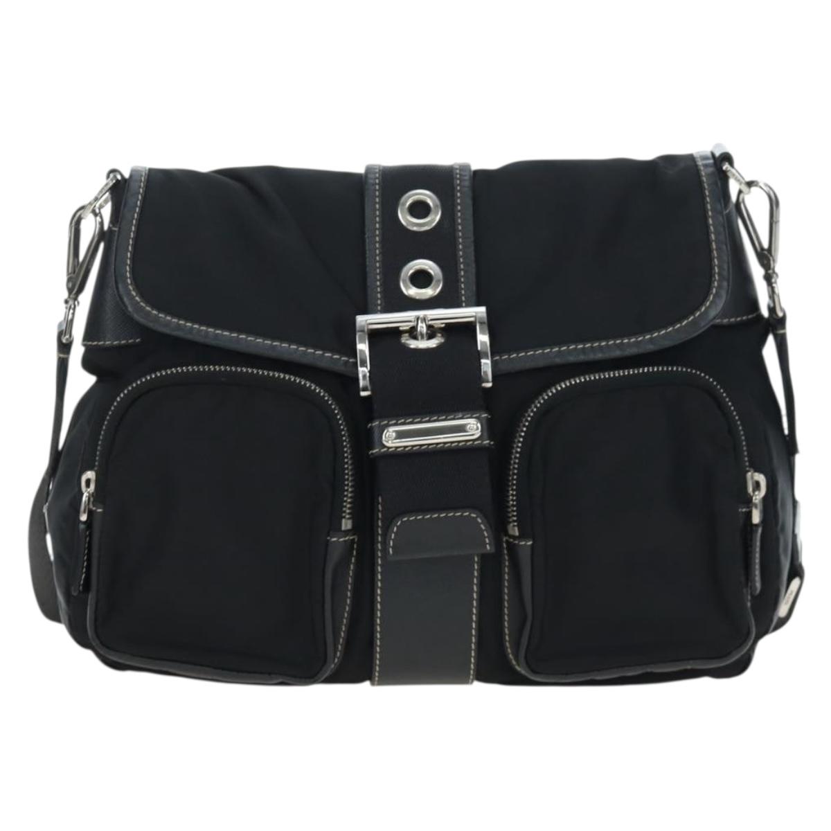 PRADA Nylon Shoulder Bag Black Silver Auth 195790V