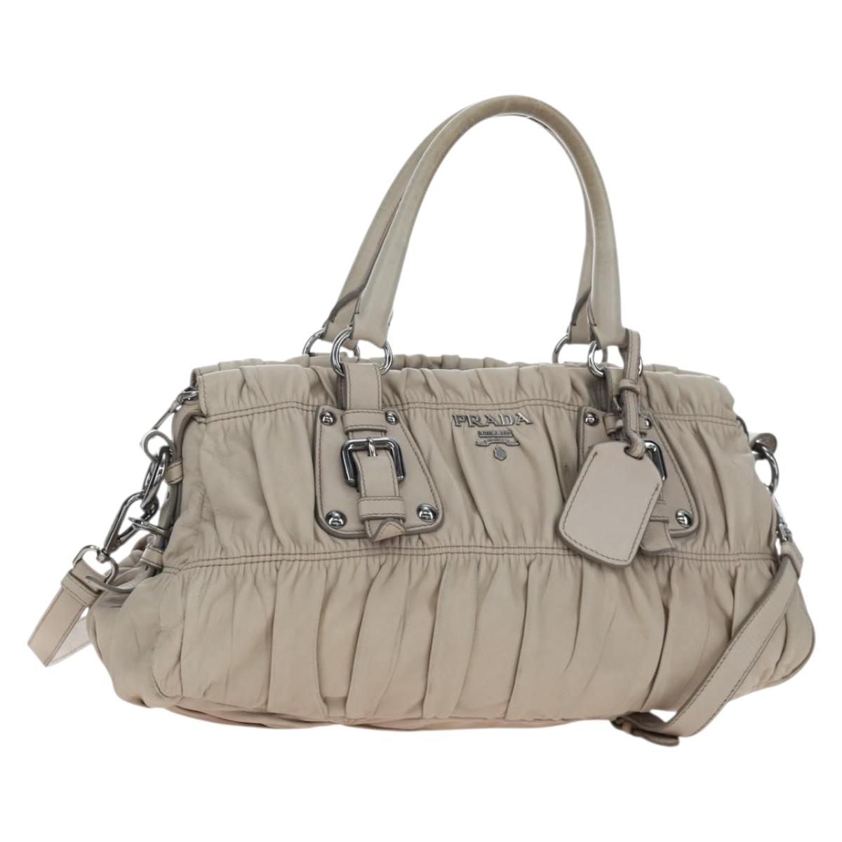 PRADA Gathered Hand Bag Leather 2way Gray Silver Auth 195793V