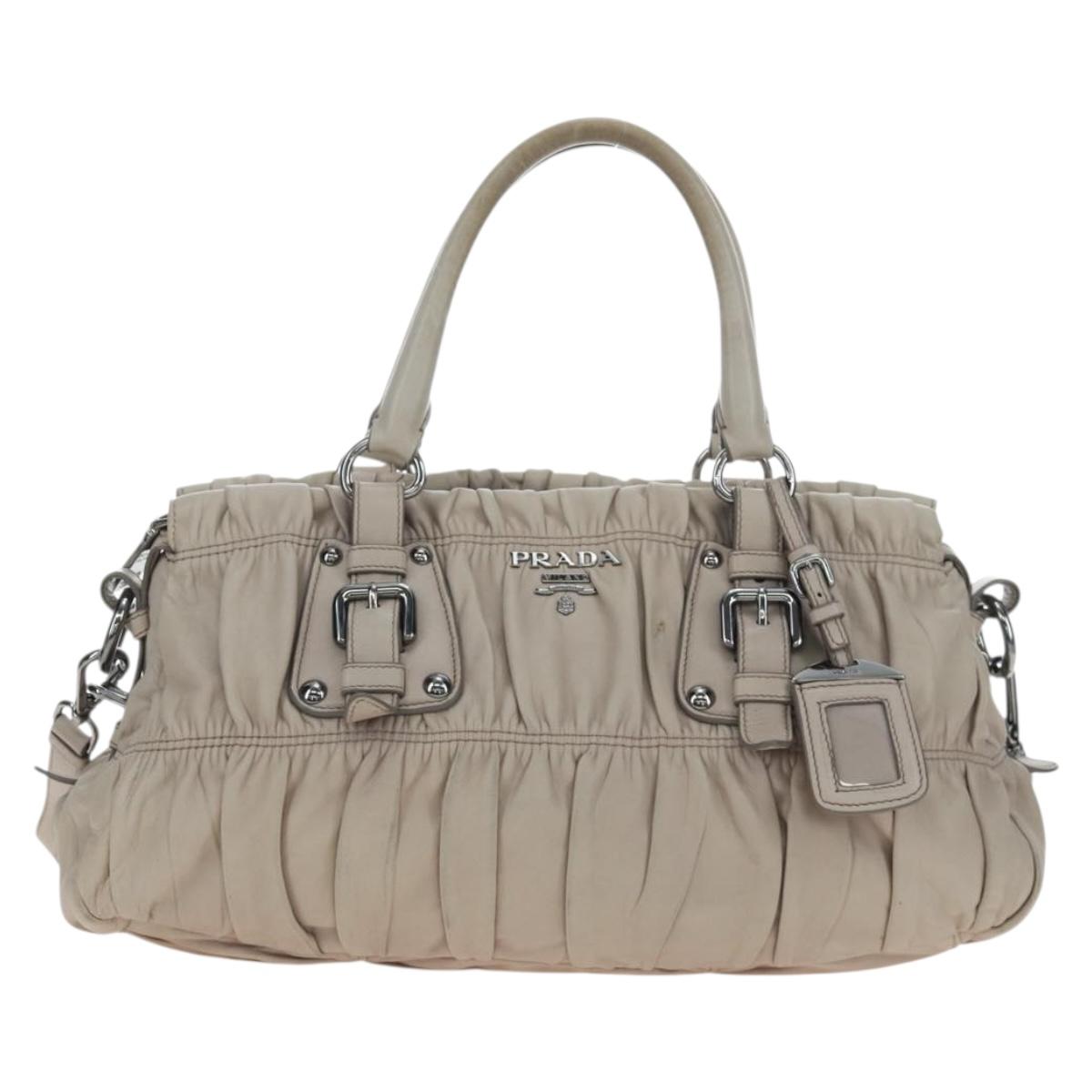 PRADA Gathered Hand Bag Leather 2way Gray Silver Auth 195793V
