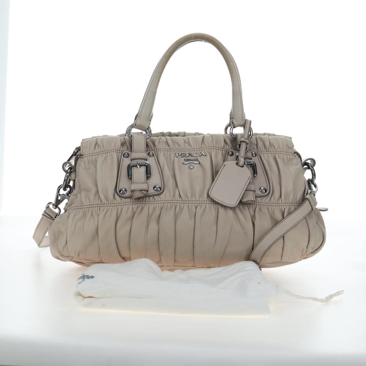 PRADA Gathered Hand Bag Leather 2way Gray Silver Auth 195793V