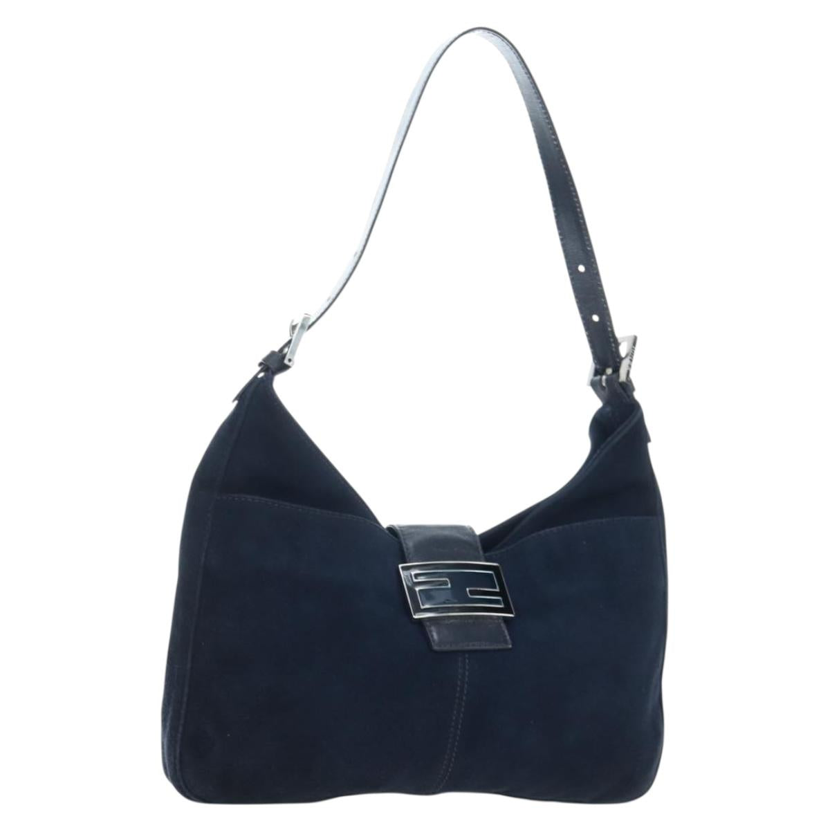 FENDI Mamma Baguette Shoulder Bag Suede Navy Silver Auth 195796V