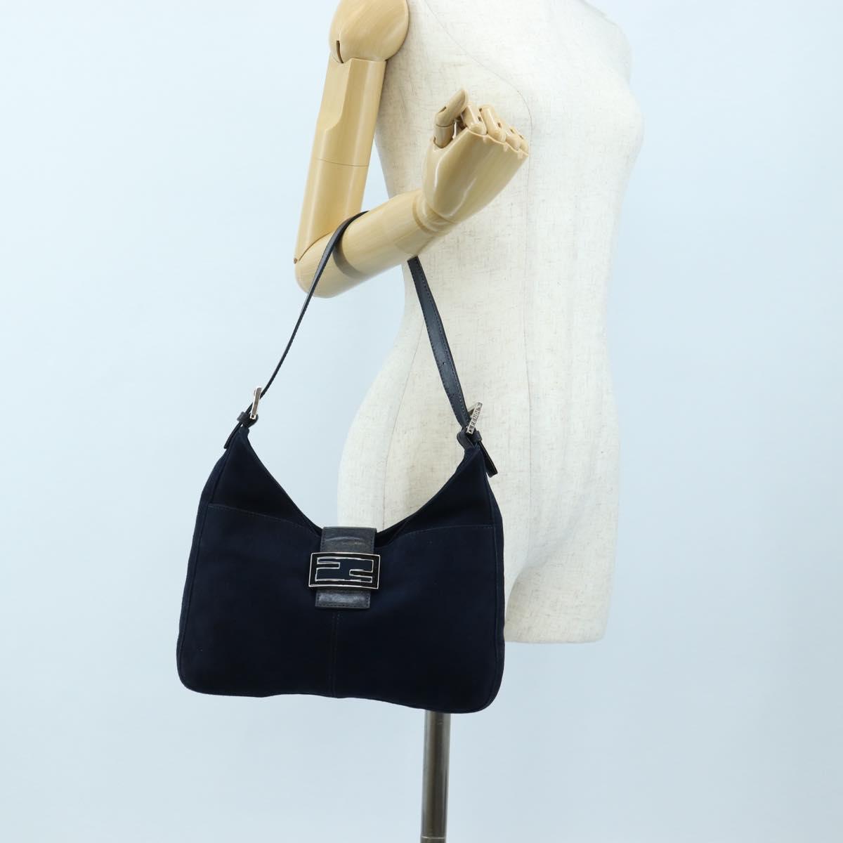 FENDI Mamma Baguette Shoulder Bag Suede Navy Silver Auth 195796V