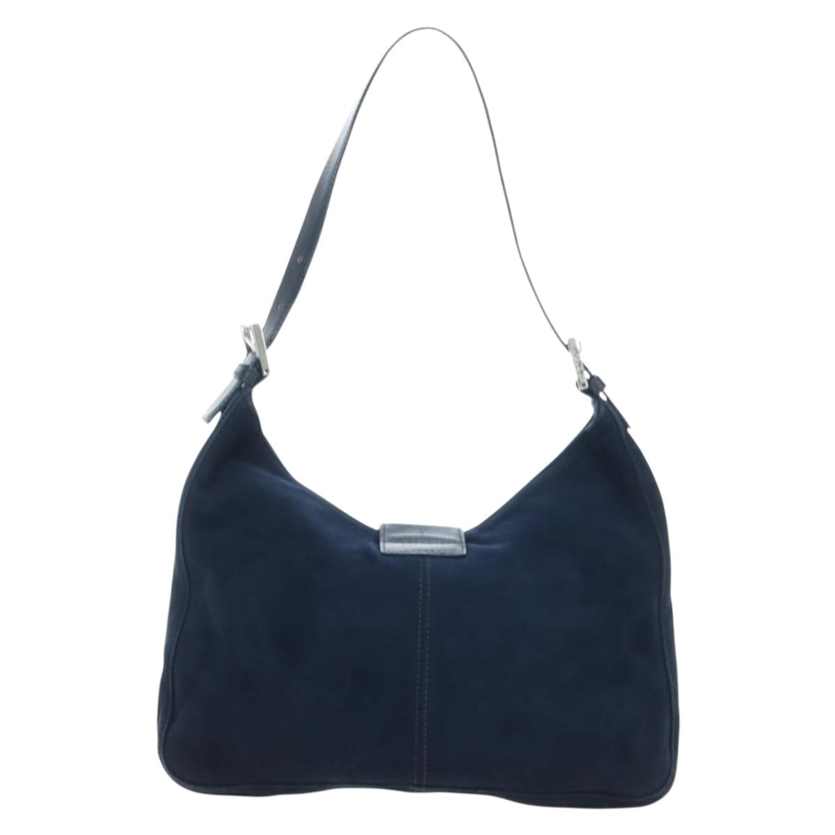 FENDI Mamma Baguette Shoulder Bag Suede Navy Silver Auth 195796V