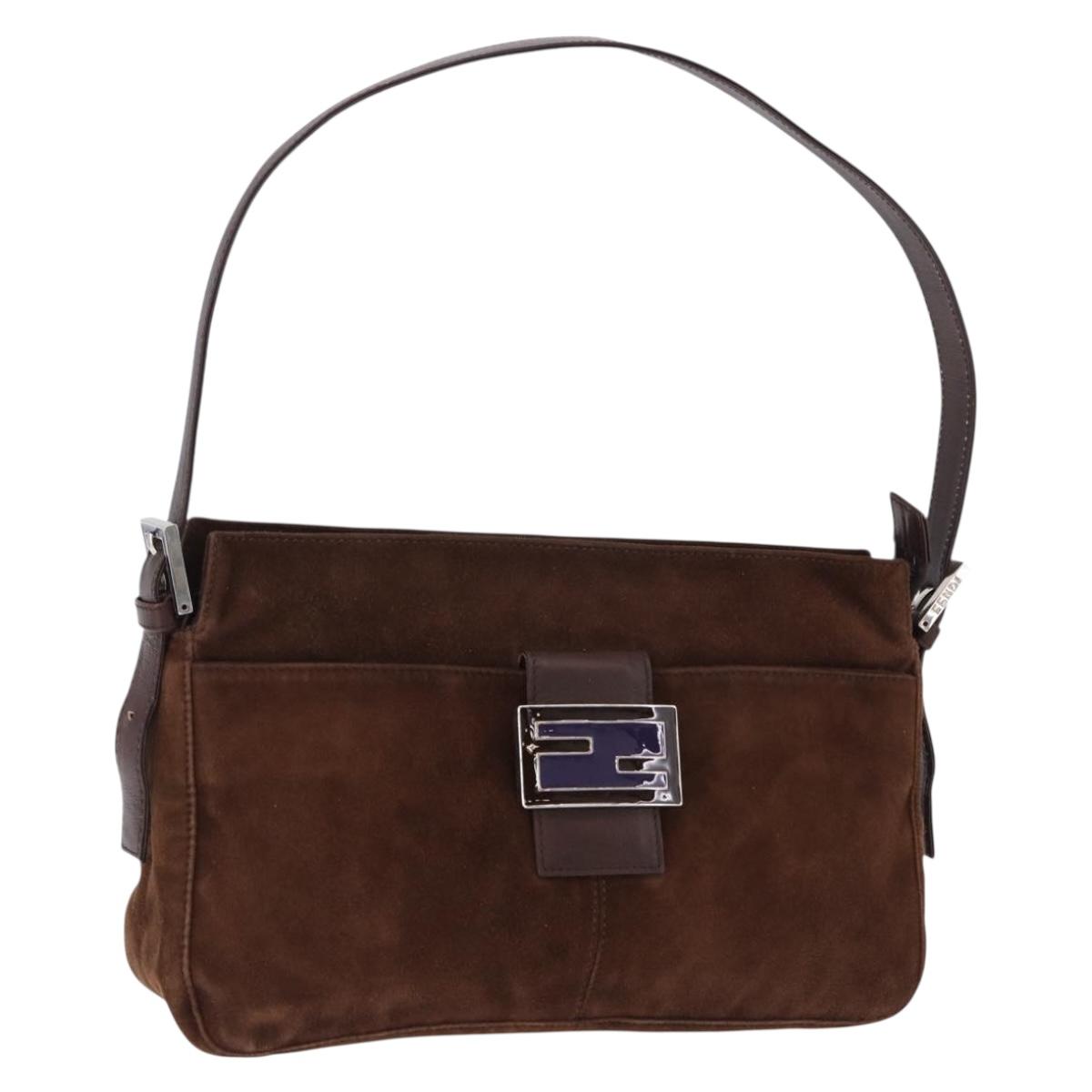 FENDI Mamma Baguette Shoulder Bag Suede Brown Silver Auth 195797V