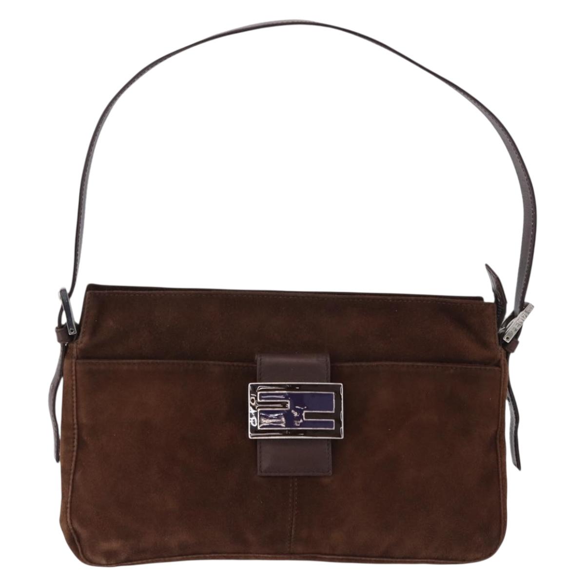 FENDI Mamma Baguette Shoulder Bag Suede Brown Silver Auth 195797V