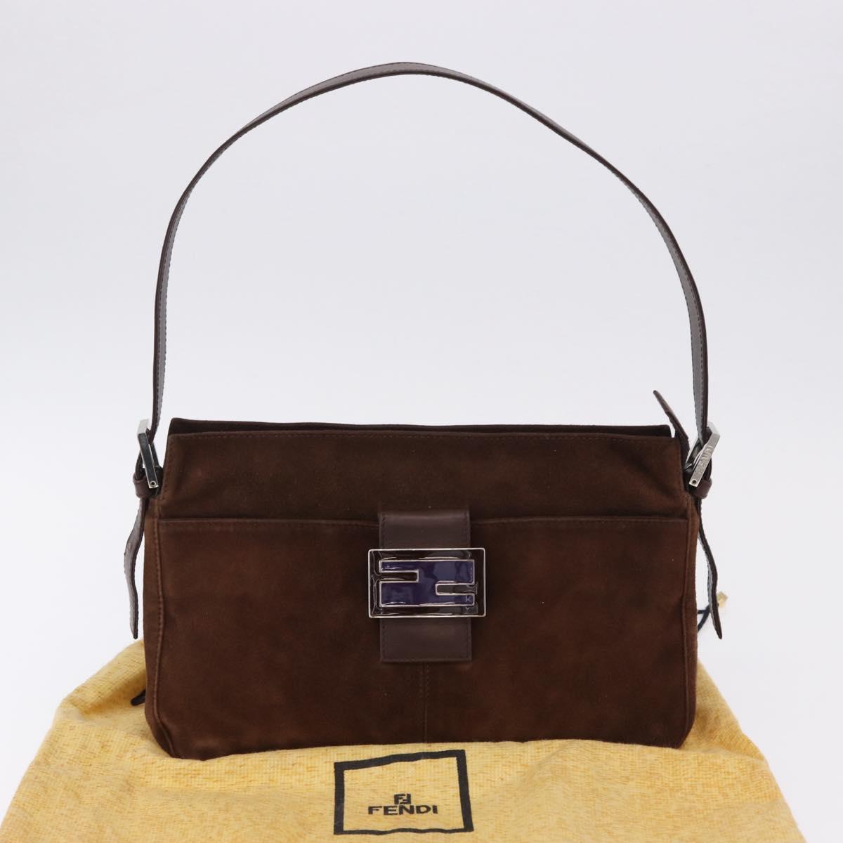 FENDI Mamma Baguette Shoulder Bag Suede Brown Silver Auth 195797V