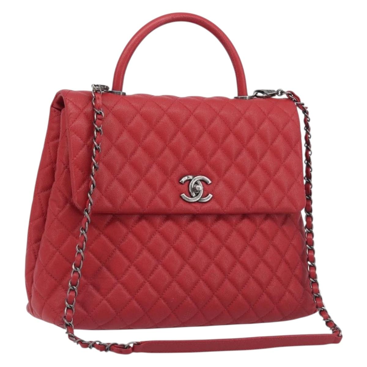 CHANEL Matelasse Coco Handle Chain Bag Caviar Skin 2way Red CC Auth 195900V