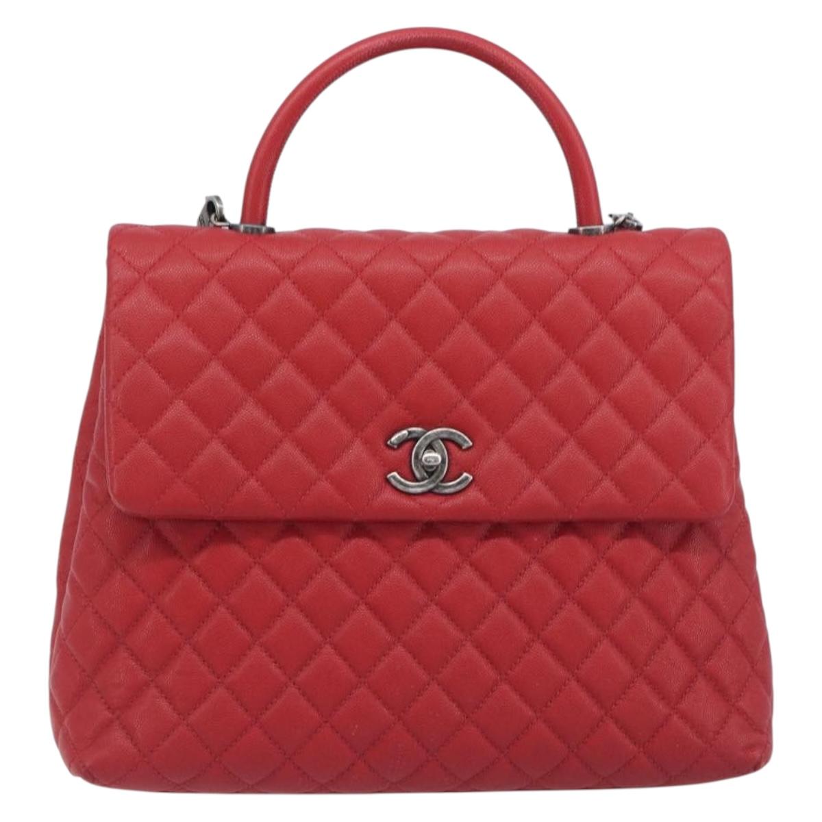 CHANEL Matelasse Coco Handle Chain Bag Caviar Skin 2way Red CC Auth 195900V