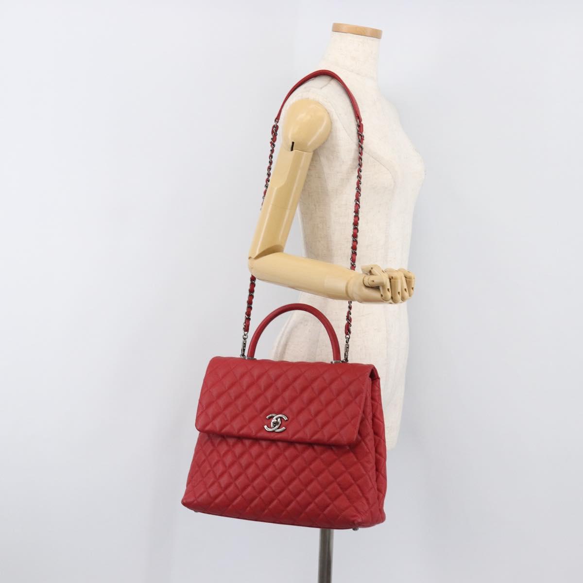 CHANEL Matelasse Coco Handle Chain Bag Caviar Skin 2way Red CC Auth 195900V