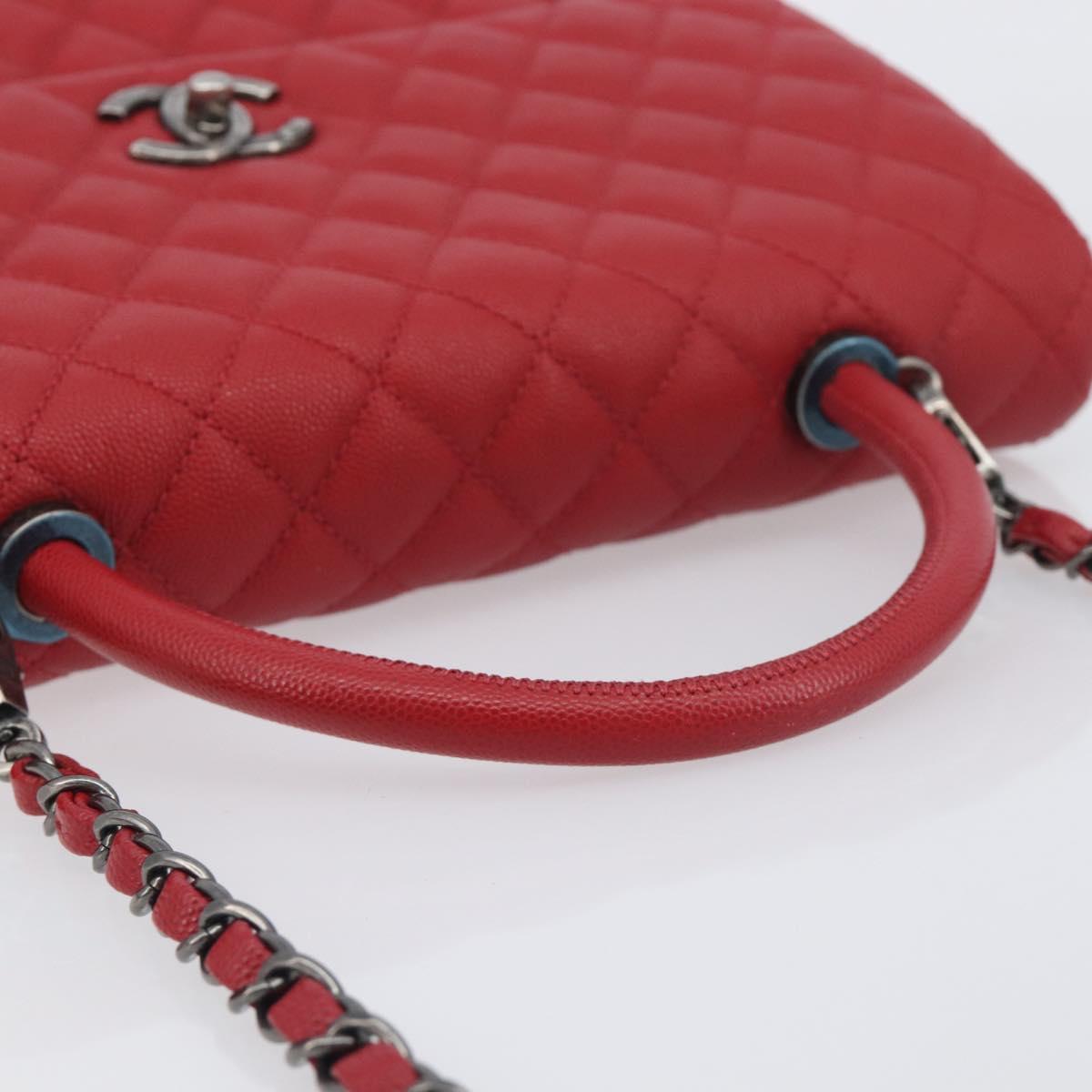 CHANEL Matelasse Coco Handle Chain Bag Caviar Skin 2way Red CC Auth 195900V
