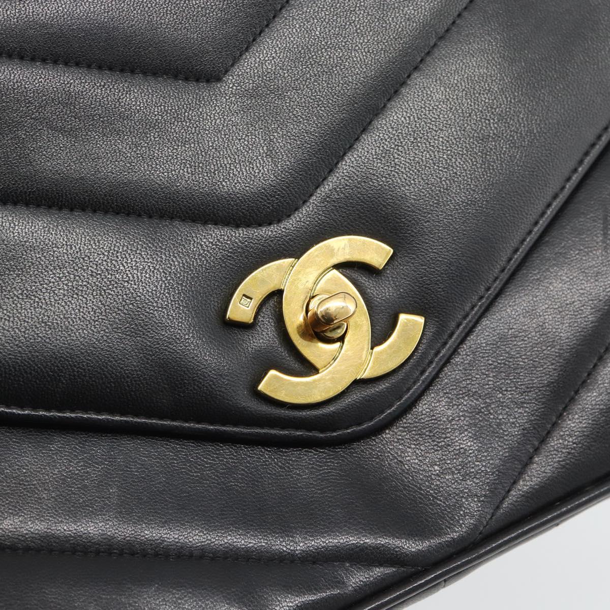 CHANEL V stitch Chain Shoulder Bag Lamb Skin Black Gold CC Auth 195911V
