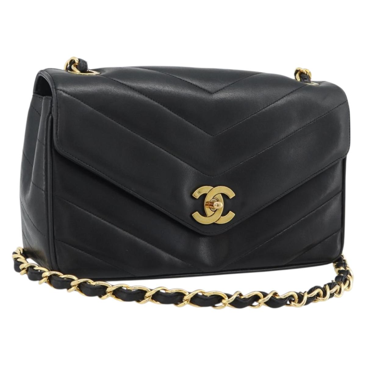 CHANEL V stitch Chain Shoulder Bag Lamb Skin Black Gold CC Auth 195911V