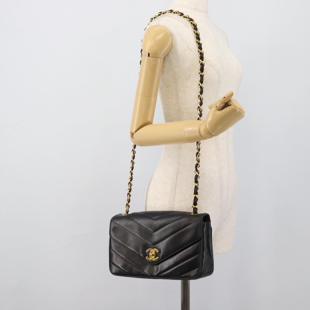 CHANEL V stitch Chain Shoulder Bag Lamb Skin Black Gold CC Auth 195911V