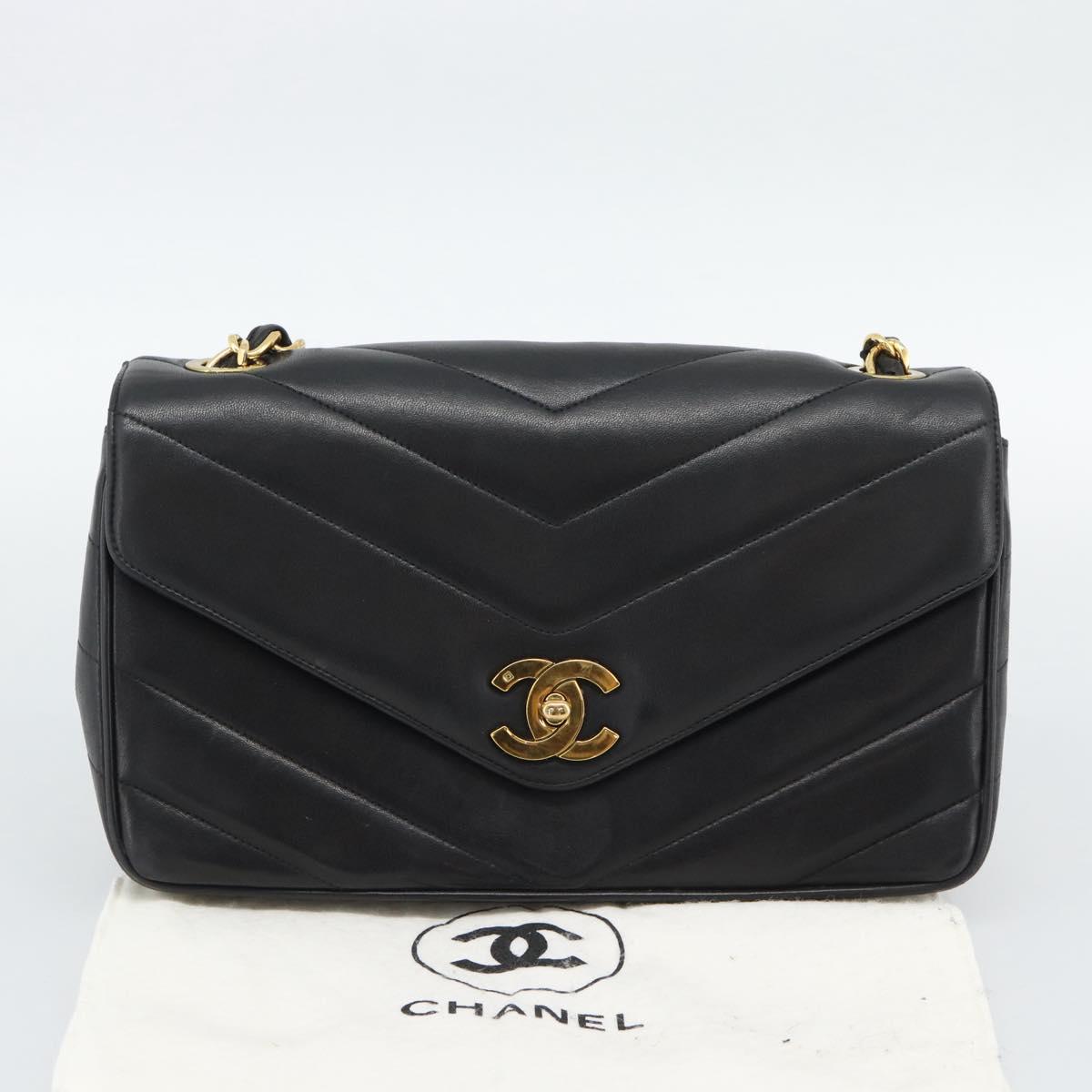 CHANEL V stitch Chain Shoulder Bag Lamb Skin Black Gold CC Auth 195911V
