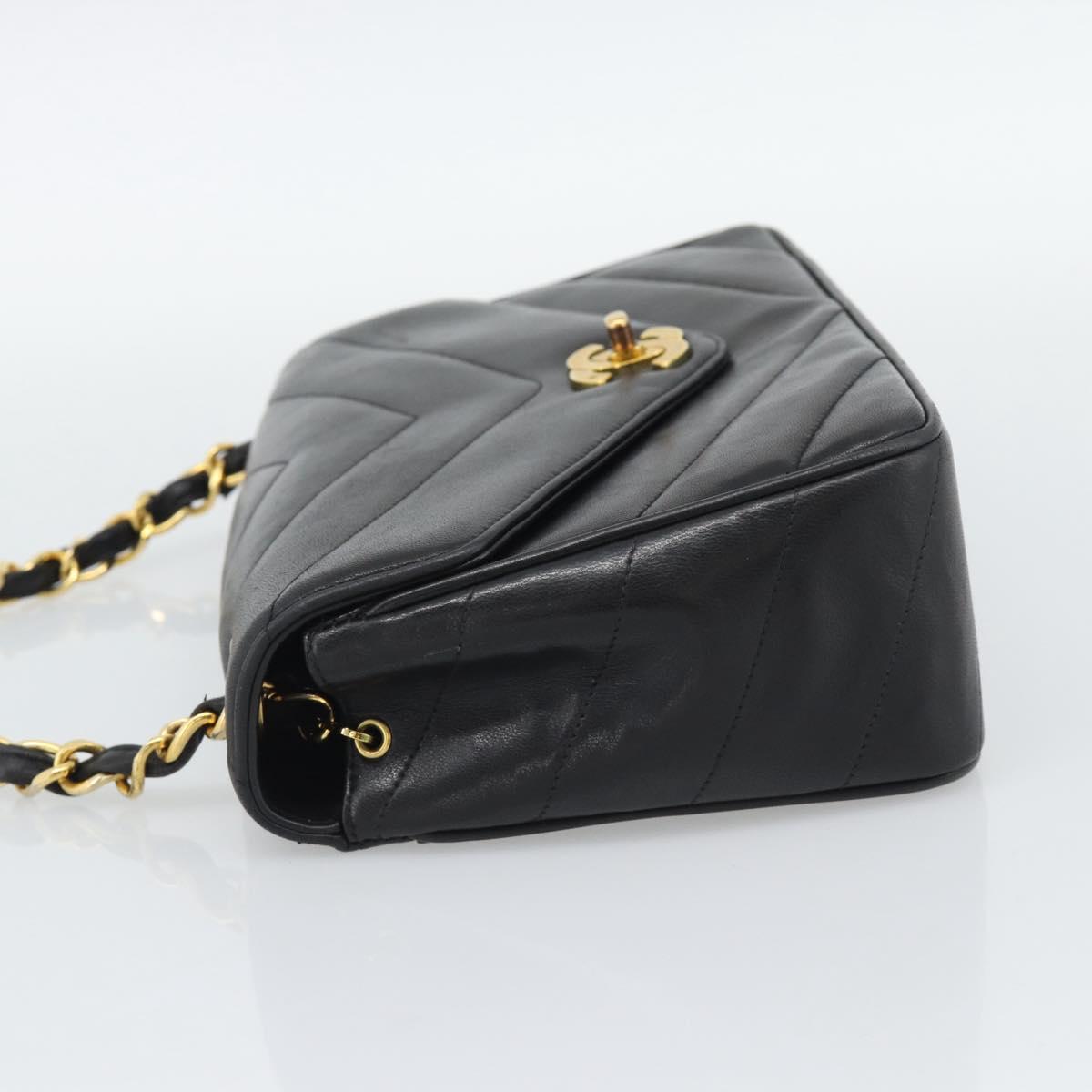 CHANEL V stitch Chain Shoulder Bag Lamb Skin Black Gold CC Auth 195911V