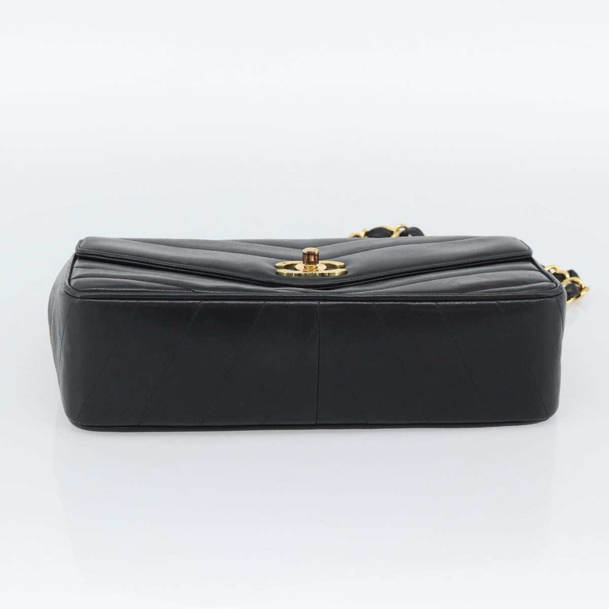 CHANEL V stitch Chain Shoulder Bag Lamb Skin Black Gold CC Auth 195911V