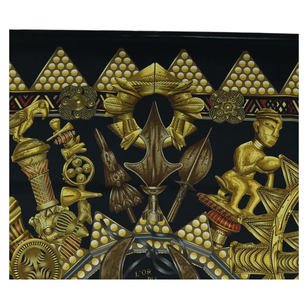 HERMES Carre 90 Scarf ”L'OR DES CHEFS” Silk Black Auth 195923M