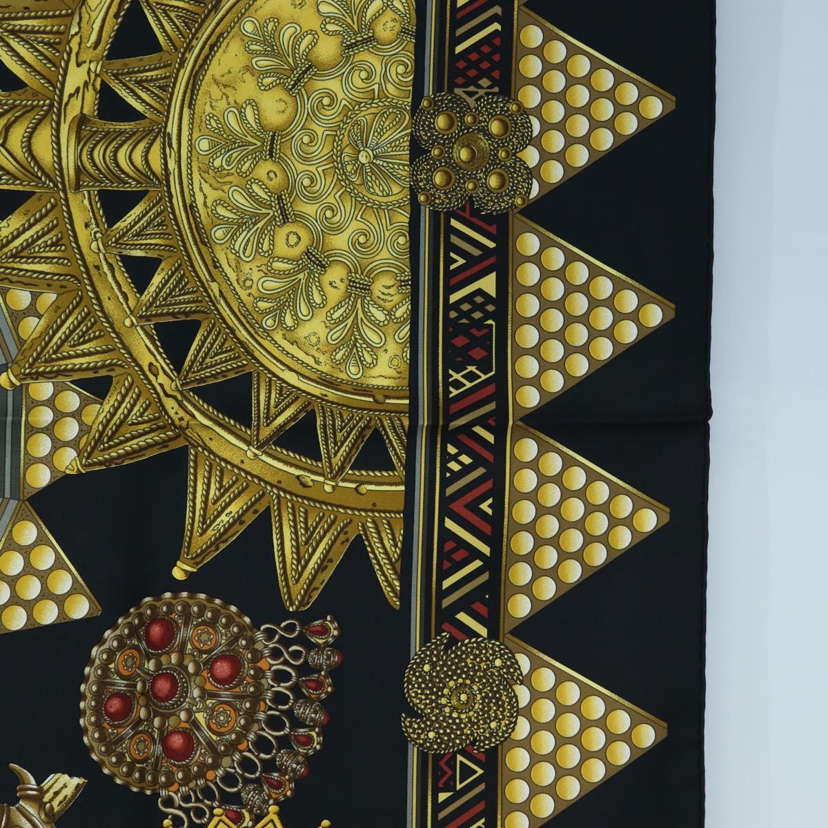 HERMES Carre 90 Scarf ”L'OR DES CHEFS” Silk Black Auth 195923M