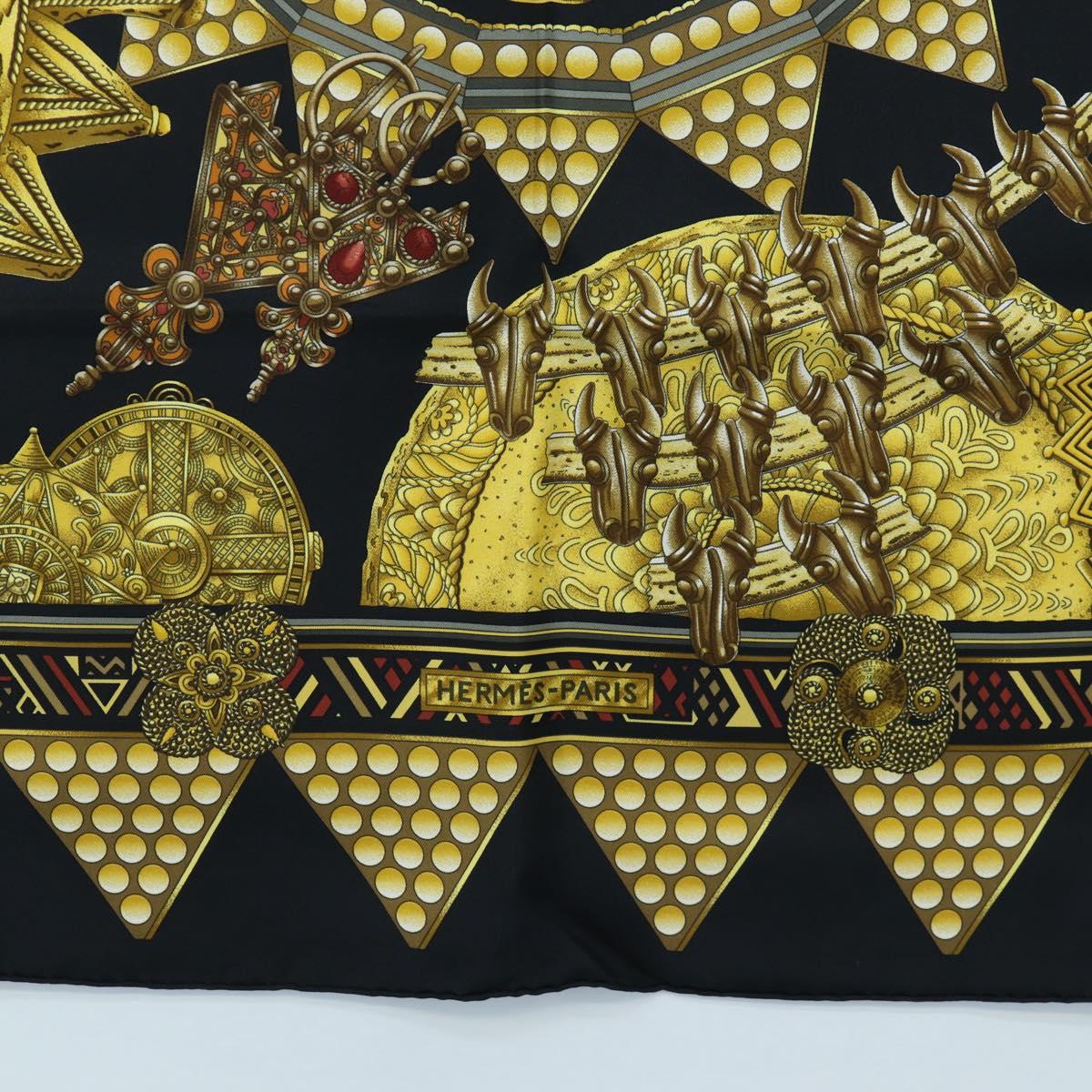 HERMES Carre 90 Scarf ”L'OR DES CHEFS” Silk Black Auth 195923M