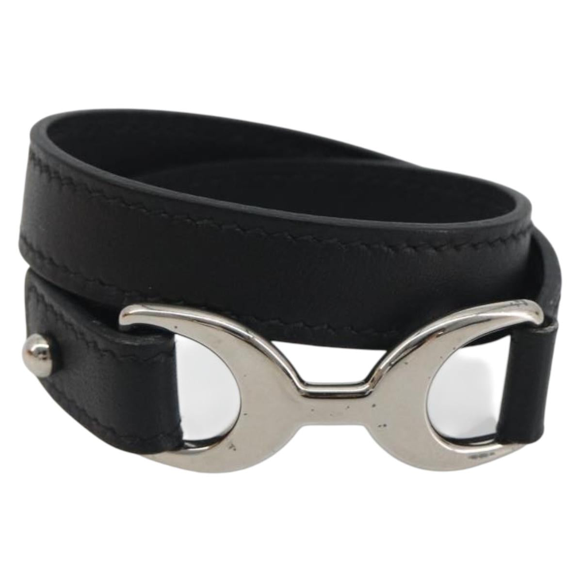 HERMES Papan Bracelet Leather Black Silver Auth 195944M
