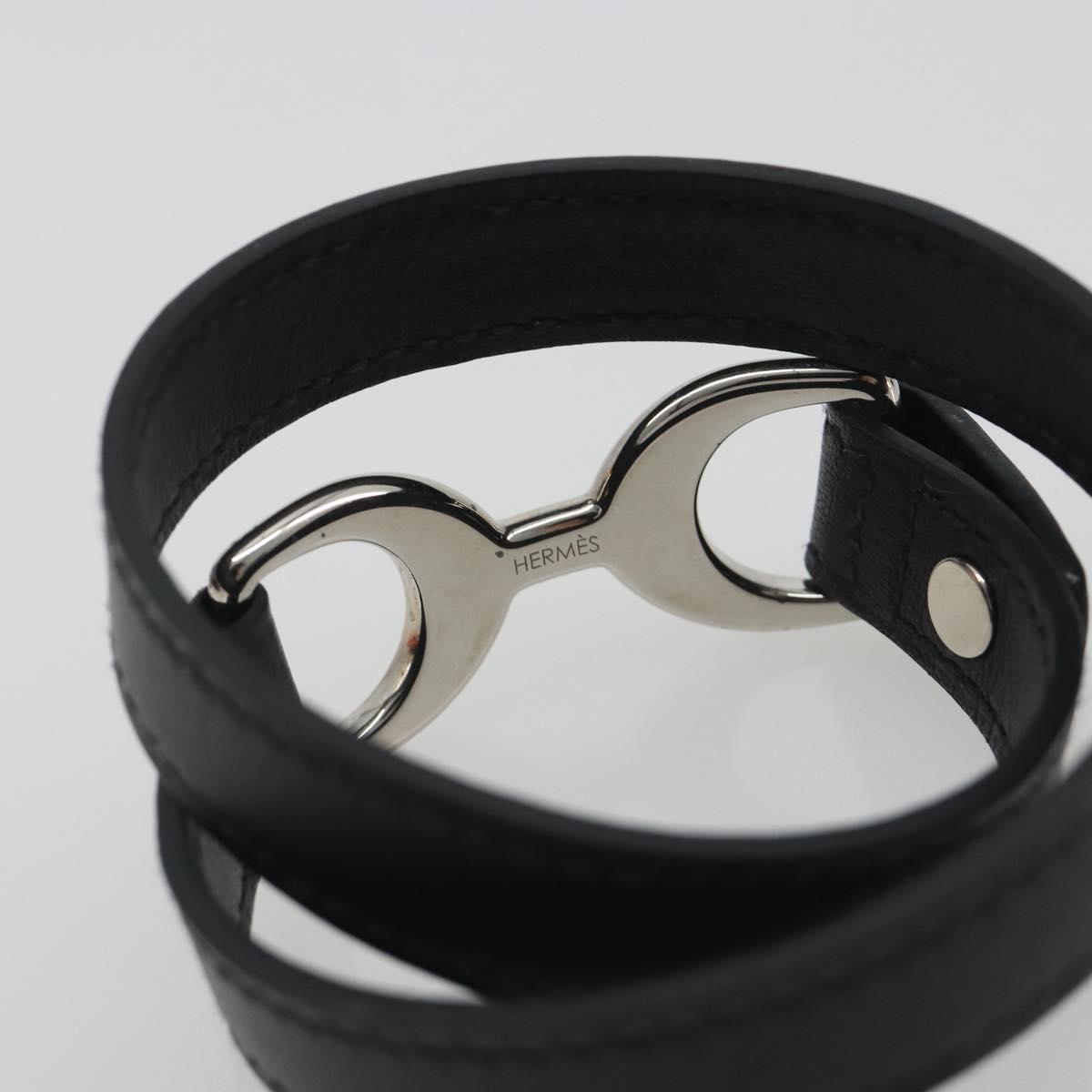HERMES Papan Bracelet Leather Black Silver Auth 195944M