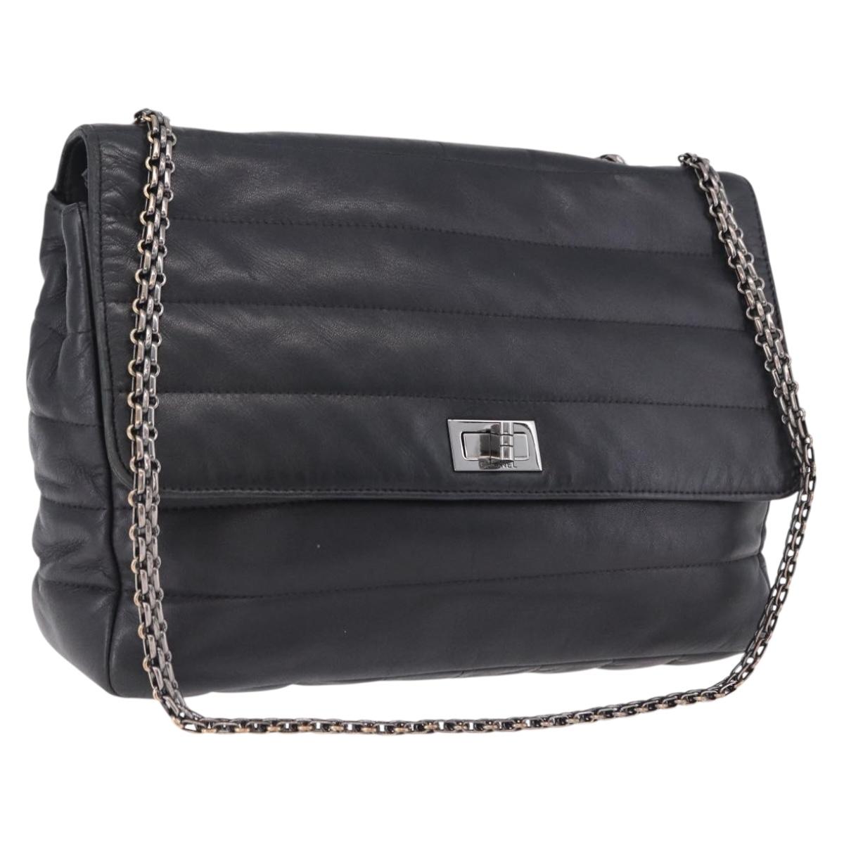 CHANEL Chain Matelasse 2.55 Shoulder Bag Lamb Skin Black Silver CC Auth 195955A