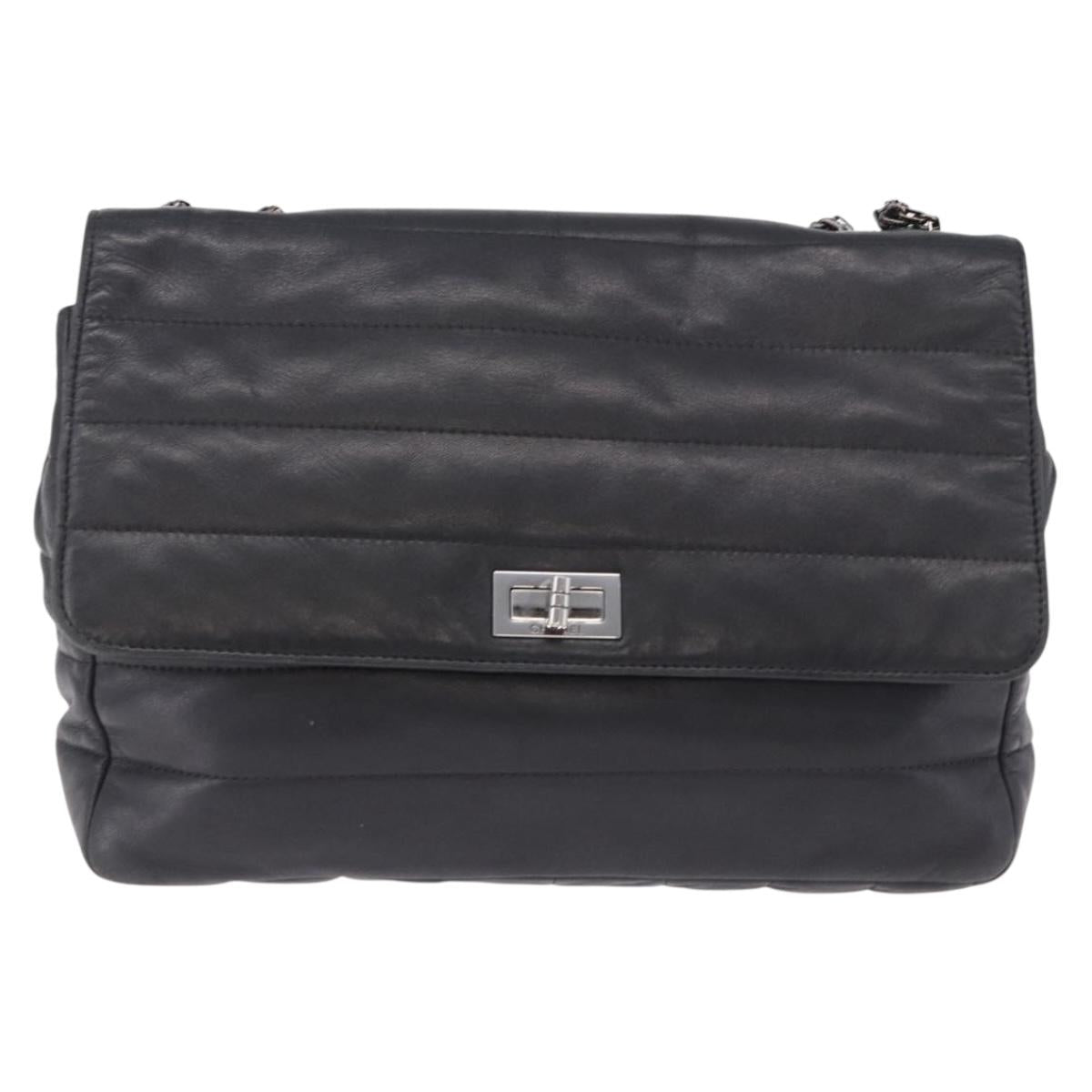 CHANEL Chain Matelasse 2.55 Shoulder Bag Lamb Skin Black Silver CC Auth 195955A