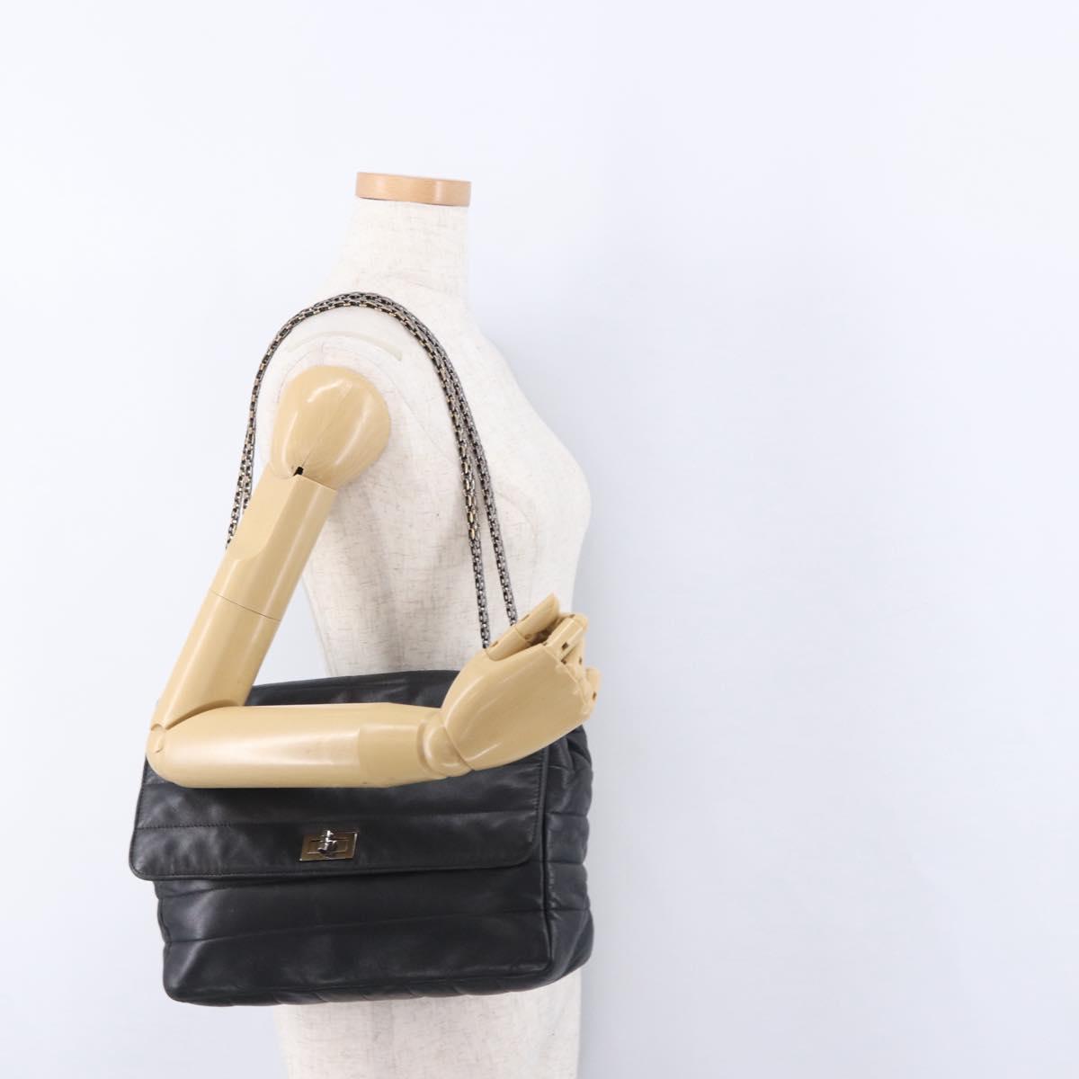 CHANEL Chain Matelasse 2.55 Shoulder Bag Lamb Skin Black Silver CC Auth 195955A