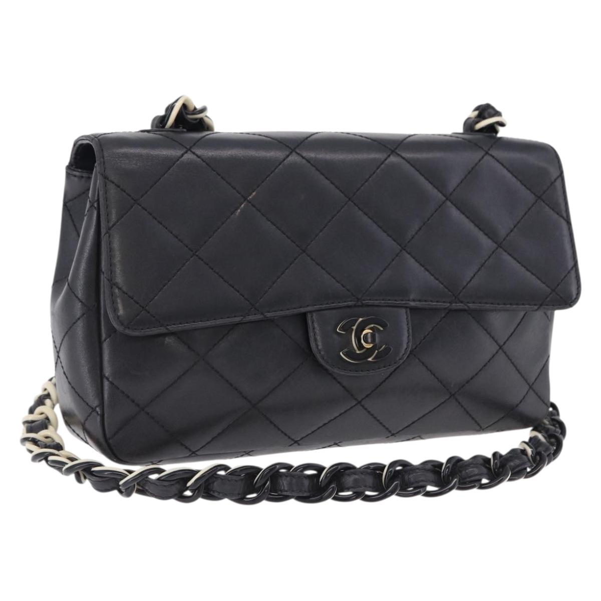 CHANEL Matelasse Chain Shoulder Bag Lamb Skin Black Silver CC Auth 195960A