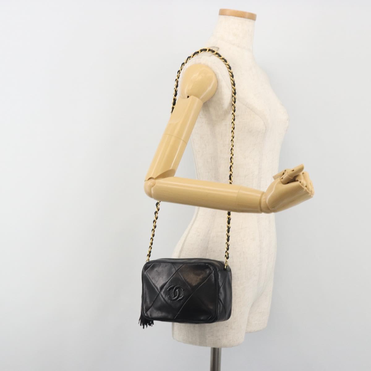 CHANEL Matelasse Chain Shoulder Bag Lamb Skin Gold Black CC Auth 195961V