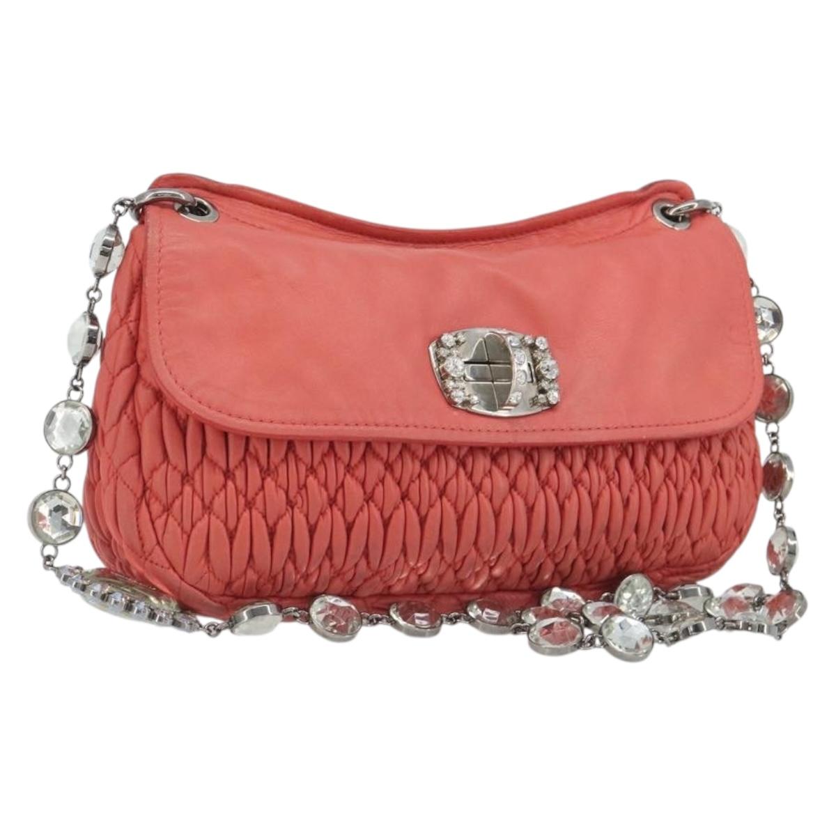 Miu Miu Matelasse Chain Shoulder Bag Leather Pink Silver Auth 195963A
