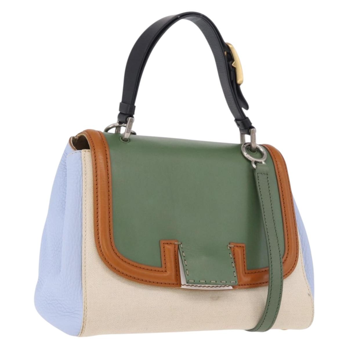FENDI Hand Bag Canvas 2way Beige Silver Auth 195971A