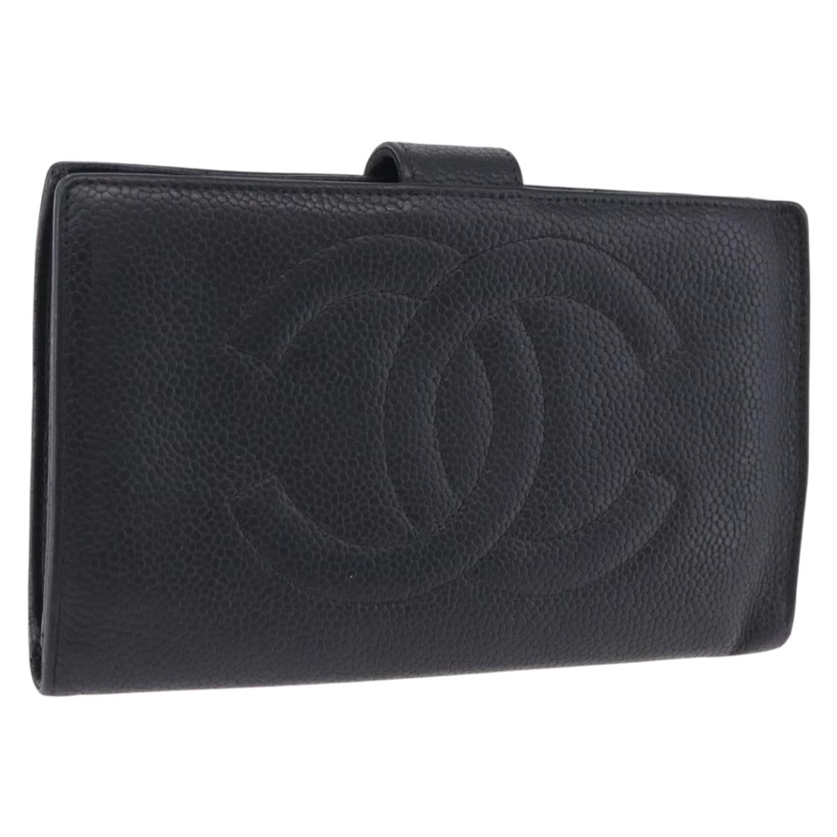 CHANEL Long Wallet Caviar Skin Black Gold CC Auth 195978