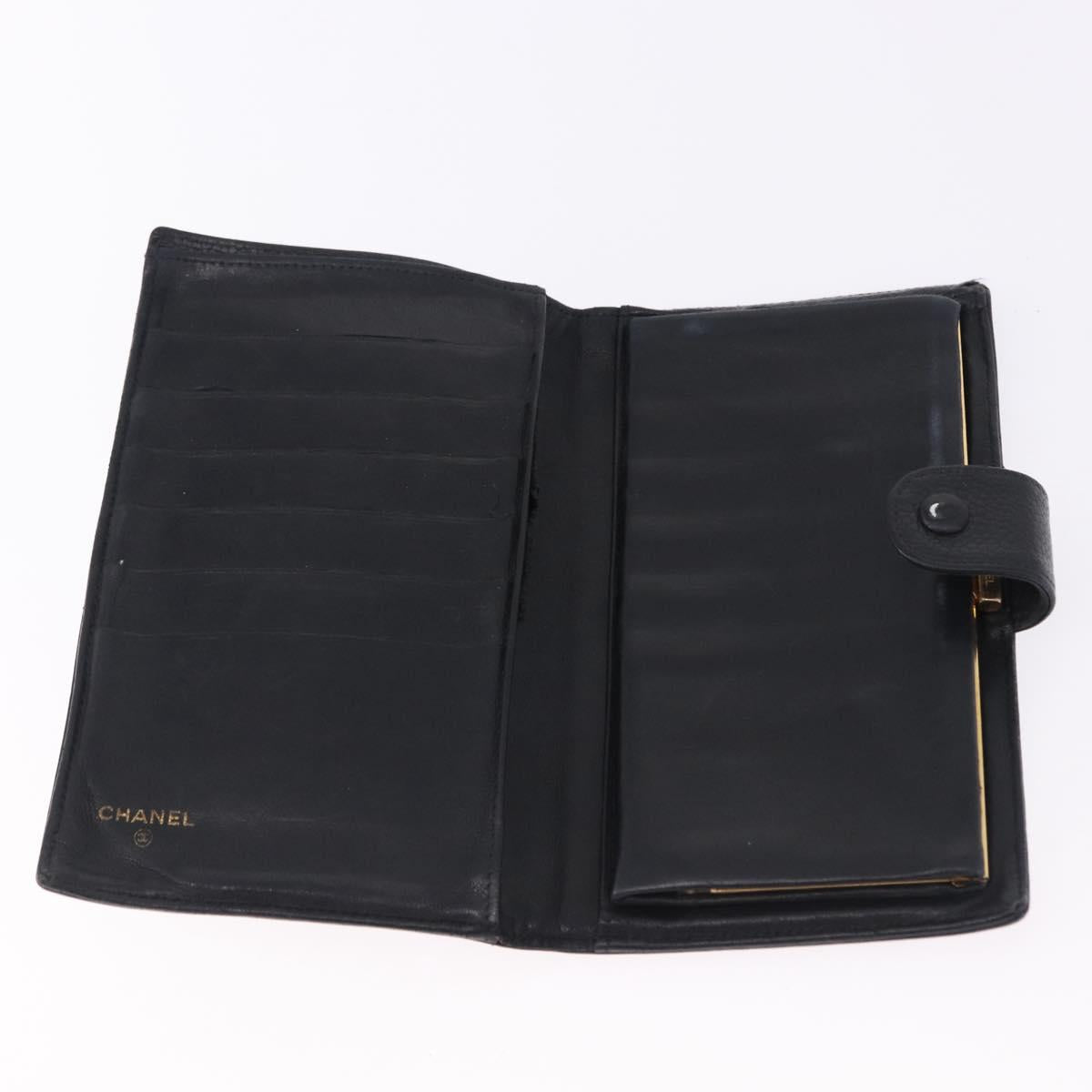 CHANEL Long Wallet Caviar Skin Black Gold CC Auth 195978