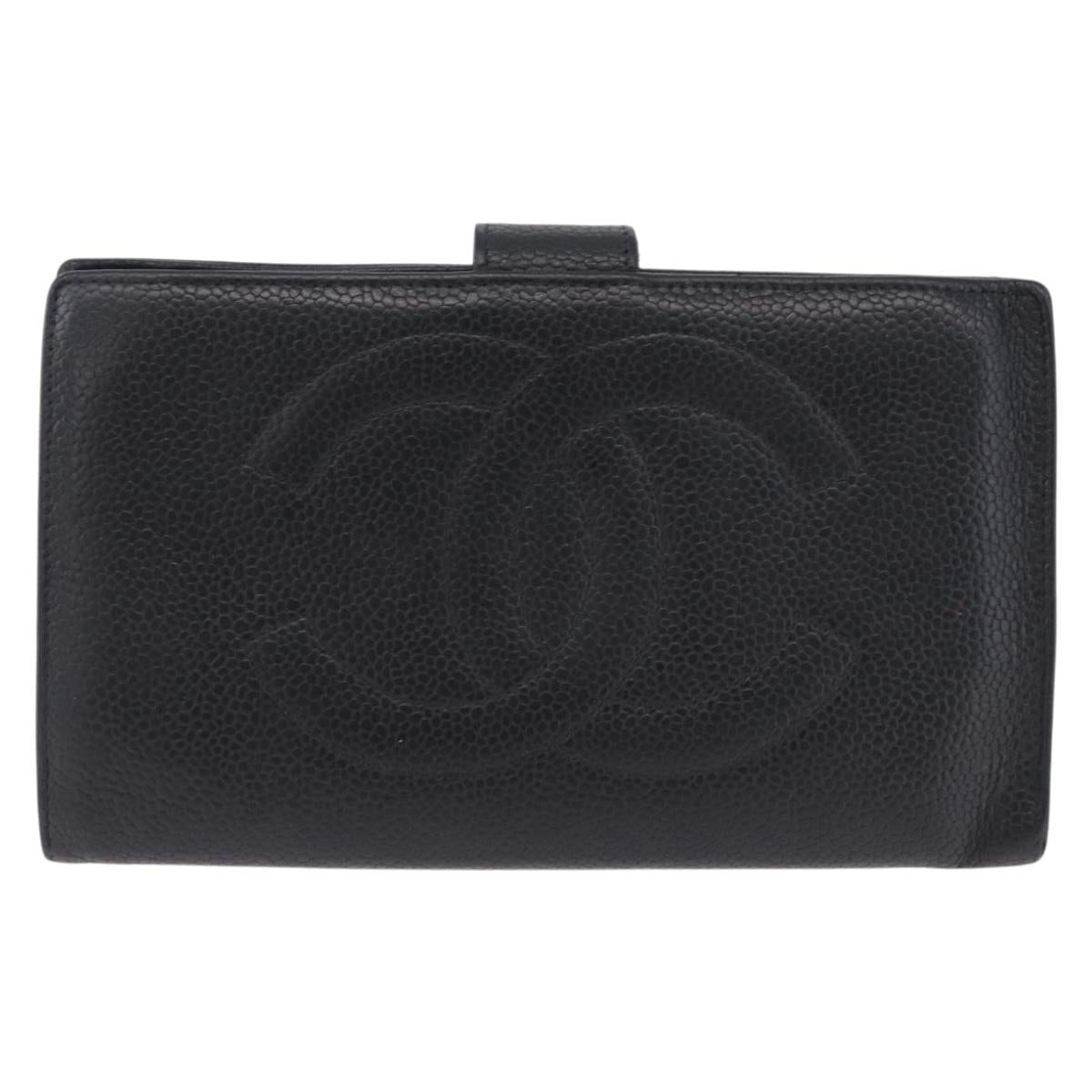 CHANEL Long Wallet Caviar Skin Black Gold CC Auth 195978