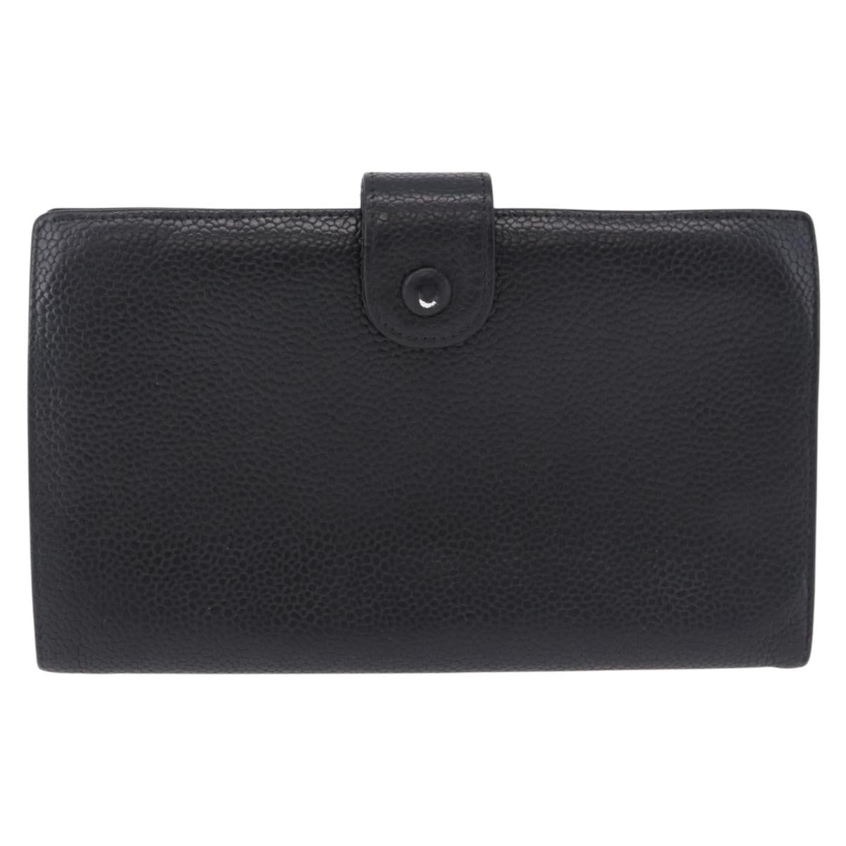 CHANEL Long Wallet Caviar Skin Black Gold CC Auth 195978