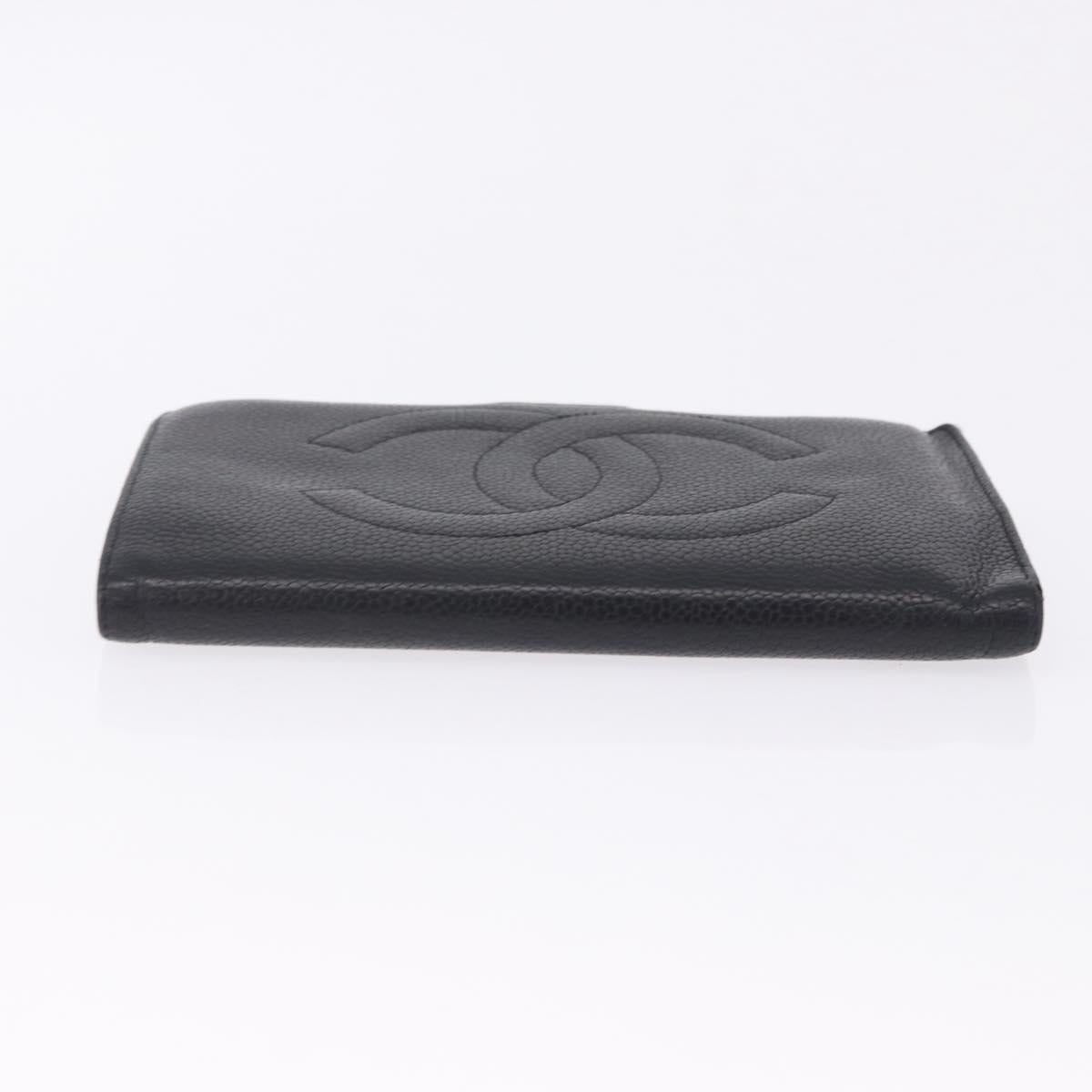 CHANEL Long Wallet Caviar Skin Black Gold CC Auth 195978