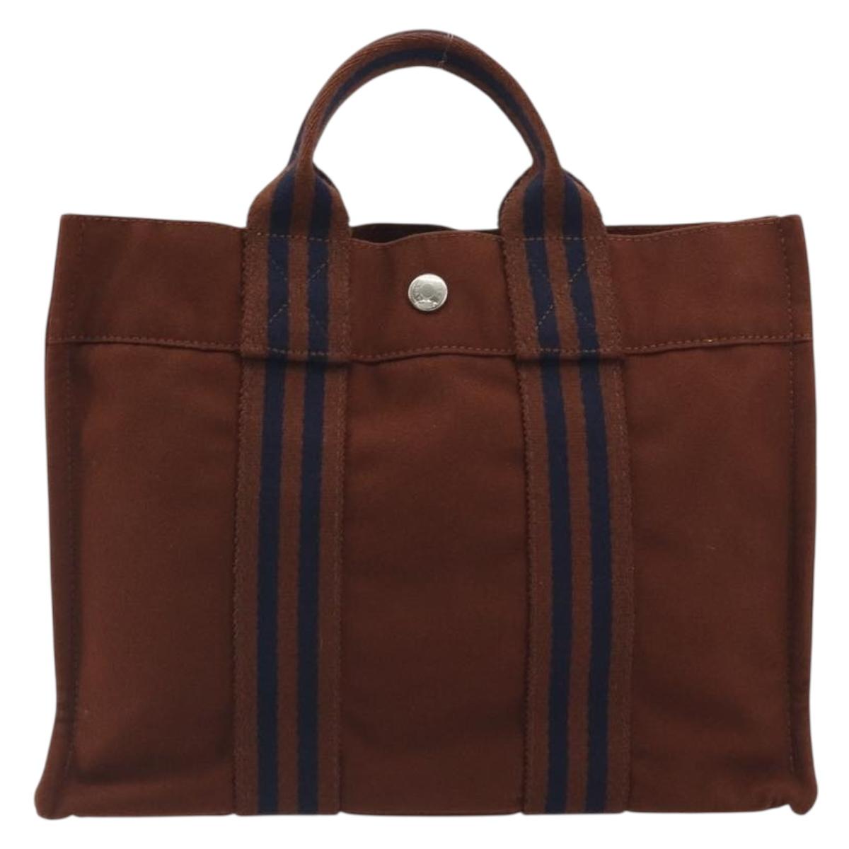 HERMES Fourre Tout PM Hand Bag Canvas Brown Silver Auth 195979A