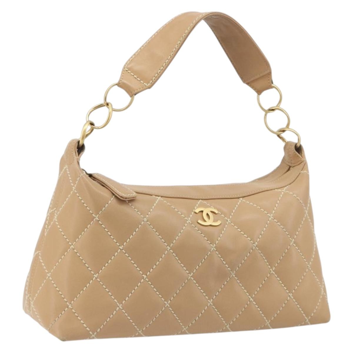 CHANEL Wild Stitch Shoulder Bag Leather Beige Gold CC Auth 195981A