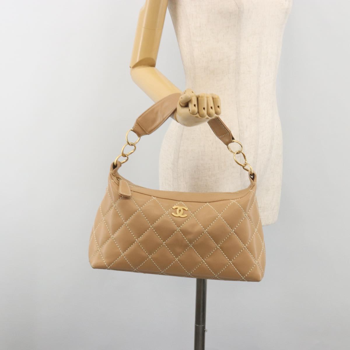 CHANEL Wild Stitch Shoulder Bag Leather Beige Gold CC Auth 195981A