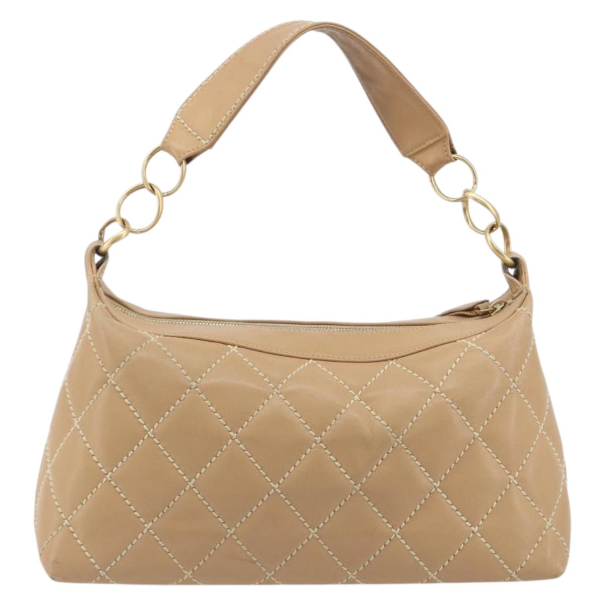 CHANEL Wild Stitch Shoulder Bag Leather Beige Gold CC Auth 195981A