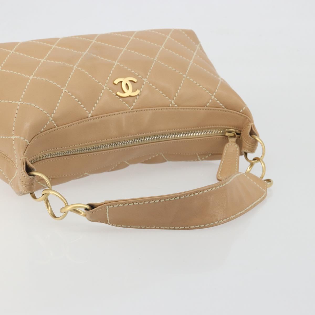 CHANEL Wild Stitch Shoulder Bag Leather Beige Gold CC Auth 195981A