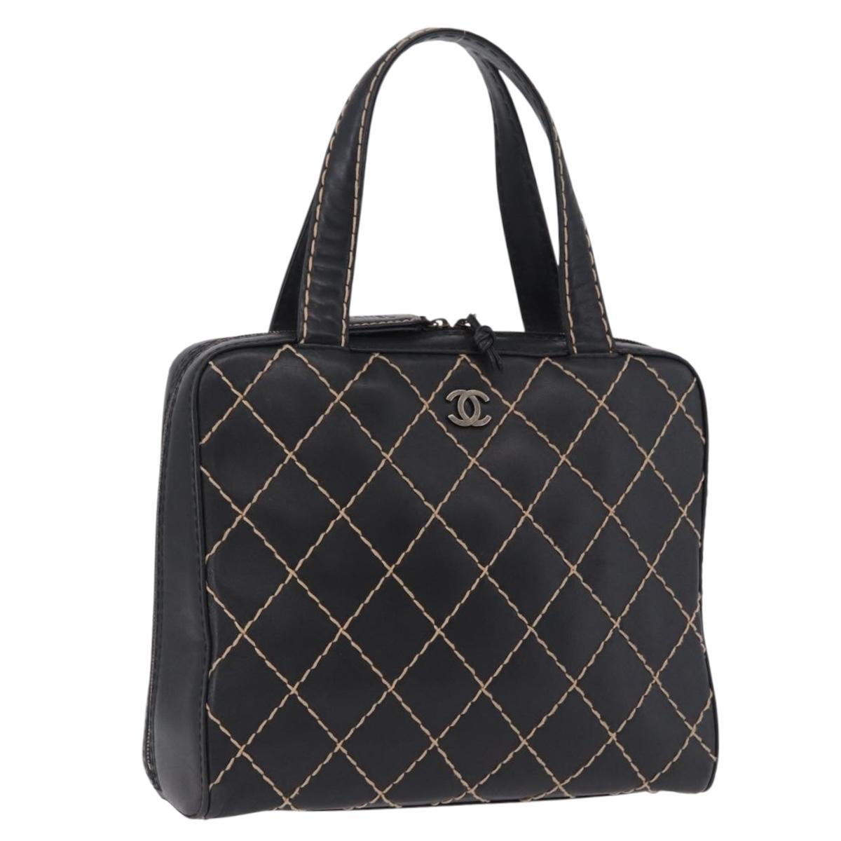 CHANEL Wild Stitch Hand Bag Leather Black CC Auth 195982V