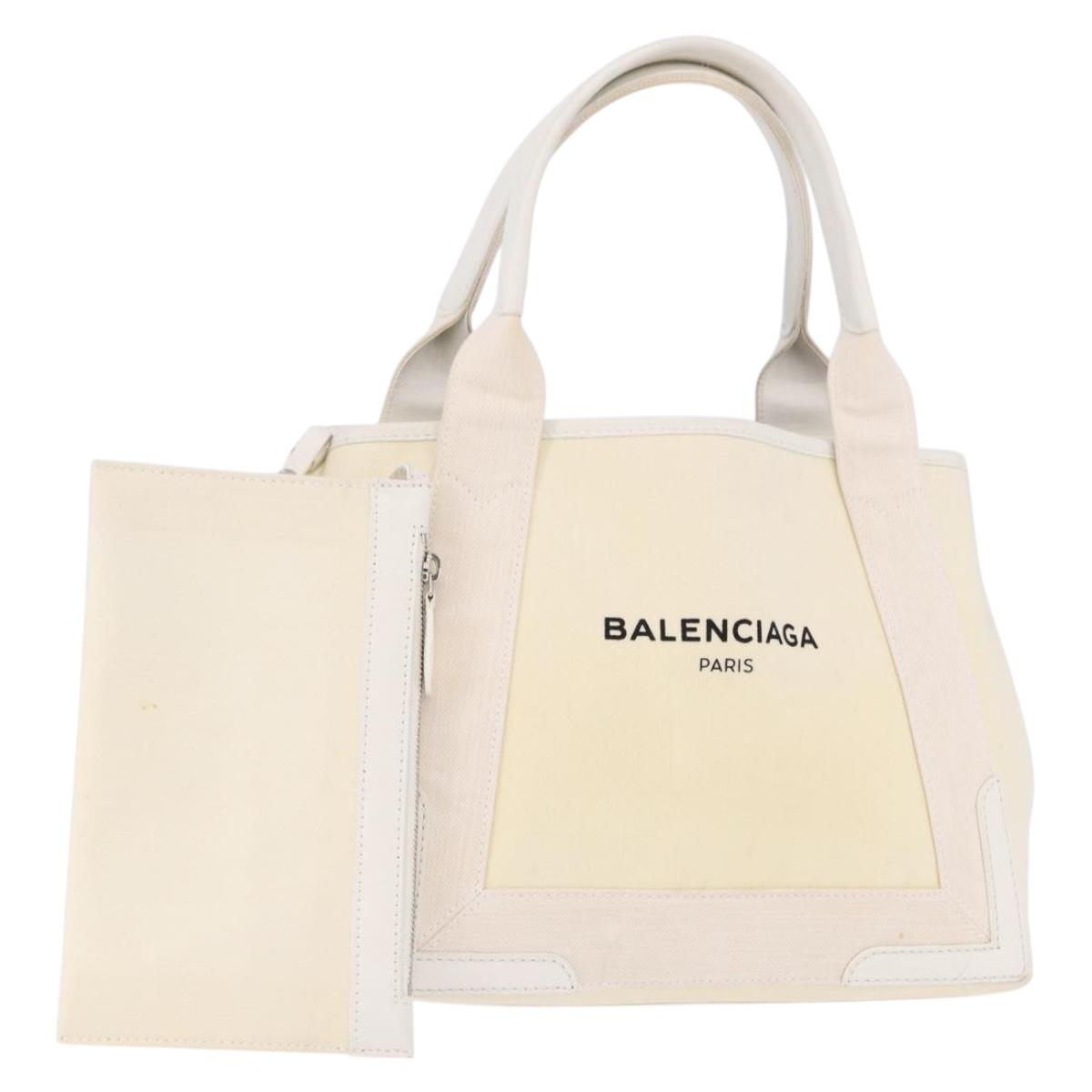 BALENCIAGA Navy Cabas Hand Bag Canvas Ivory Silver 339933 Auth 195989A