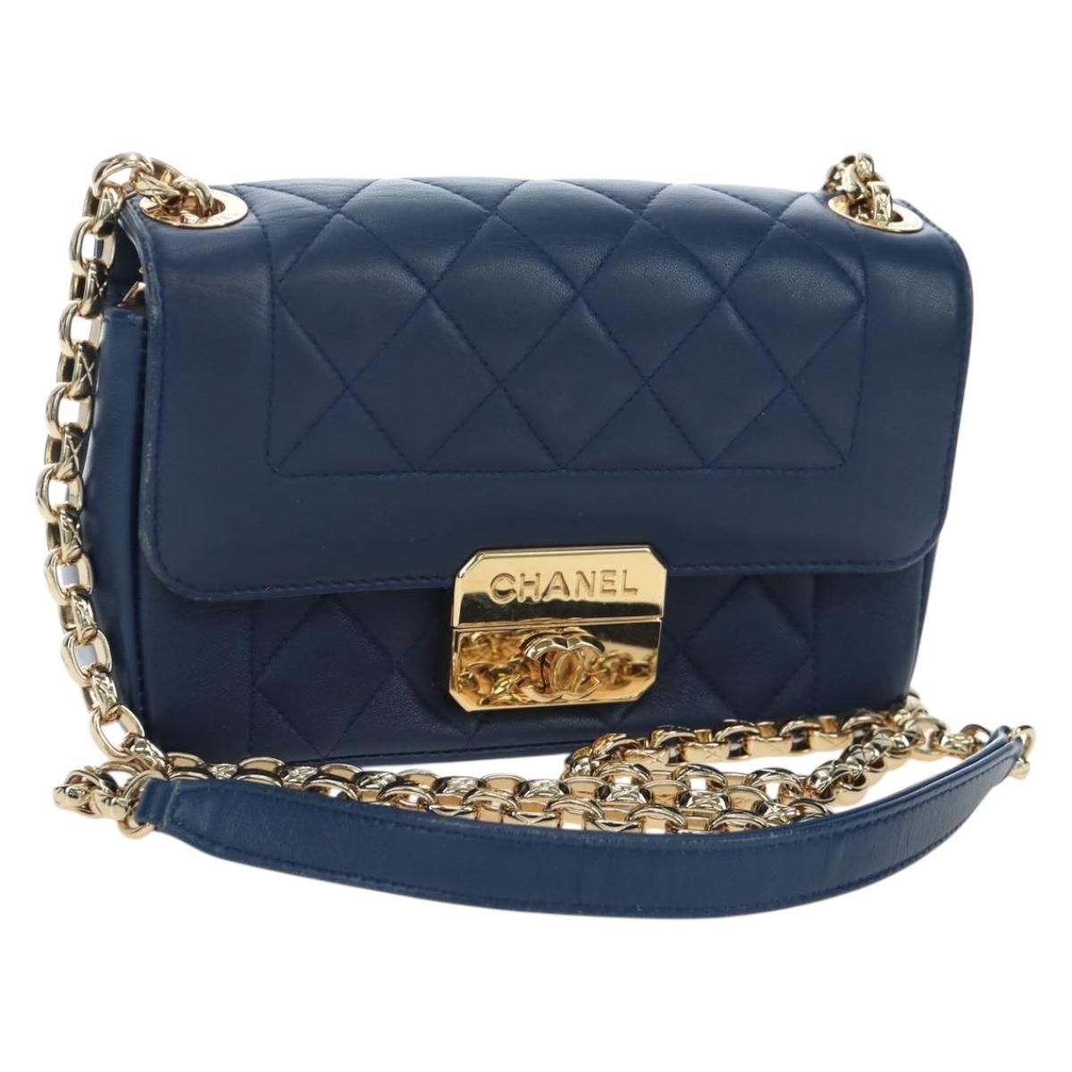 CHANEL Matelasse Chain Shoulder Bag Lamb Skin Blue Gold CC Auth 196001M