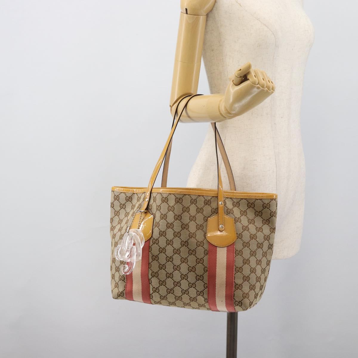 GUCCI GG Canvas Sherry Line Tote Bag Beige Gold 211971 Auth 196002
