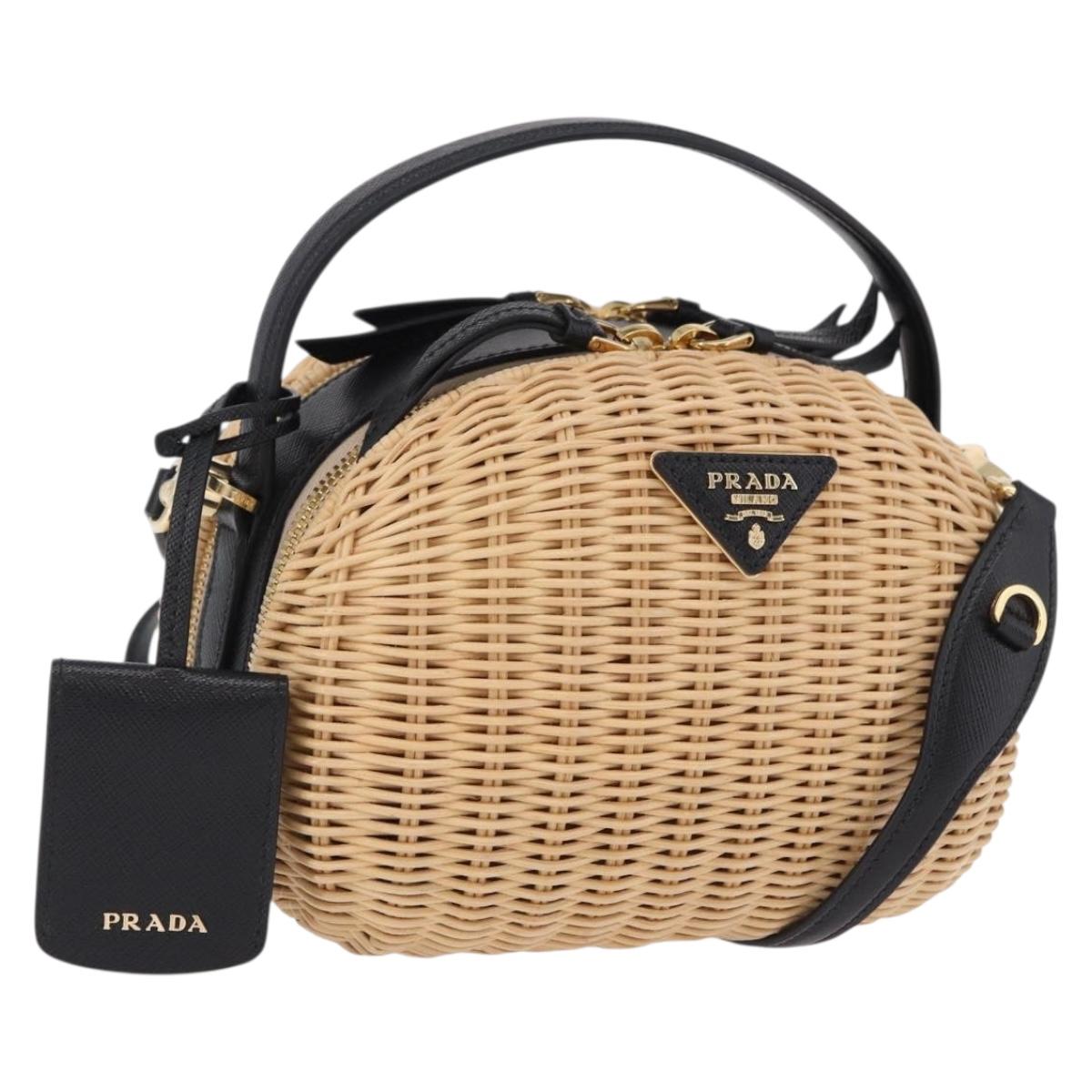 PRADA Hand Bag Rattan 2way Beige Gold Auth 196009SAM